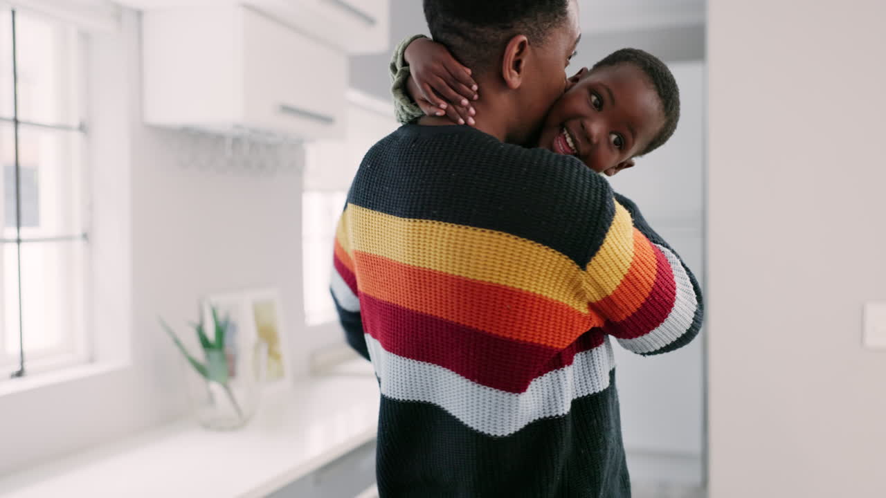 Black family, hug and happy father with child