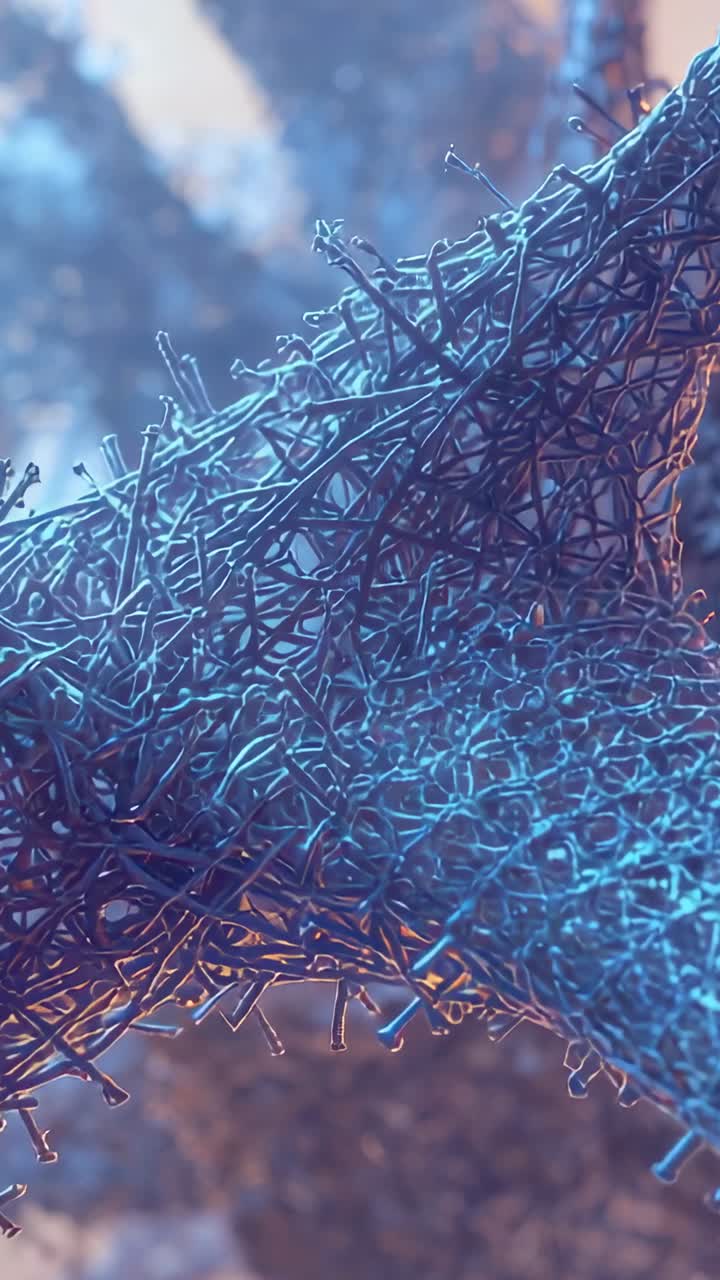 Video verticale: camera panoramica che rivela una fitta rete intrecciata in uno studio macro, enfatizzando la luce perimetrale