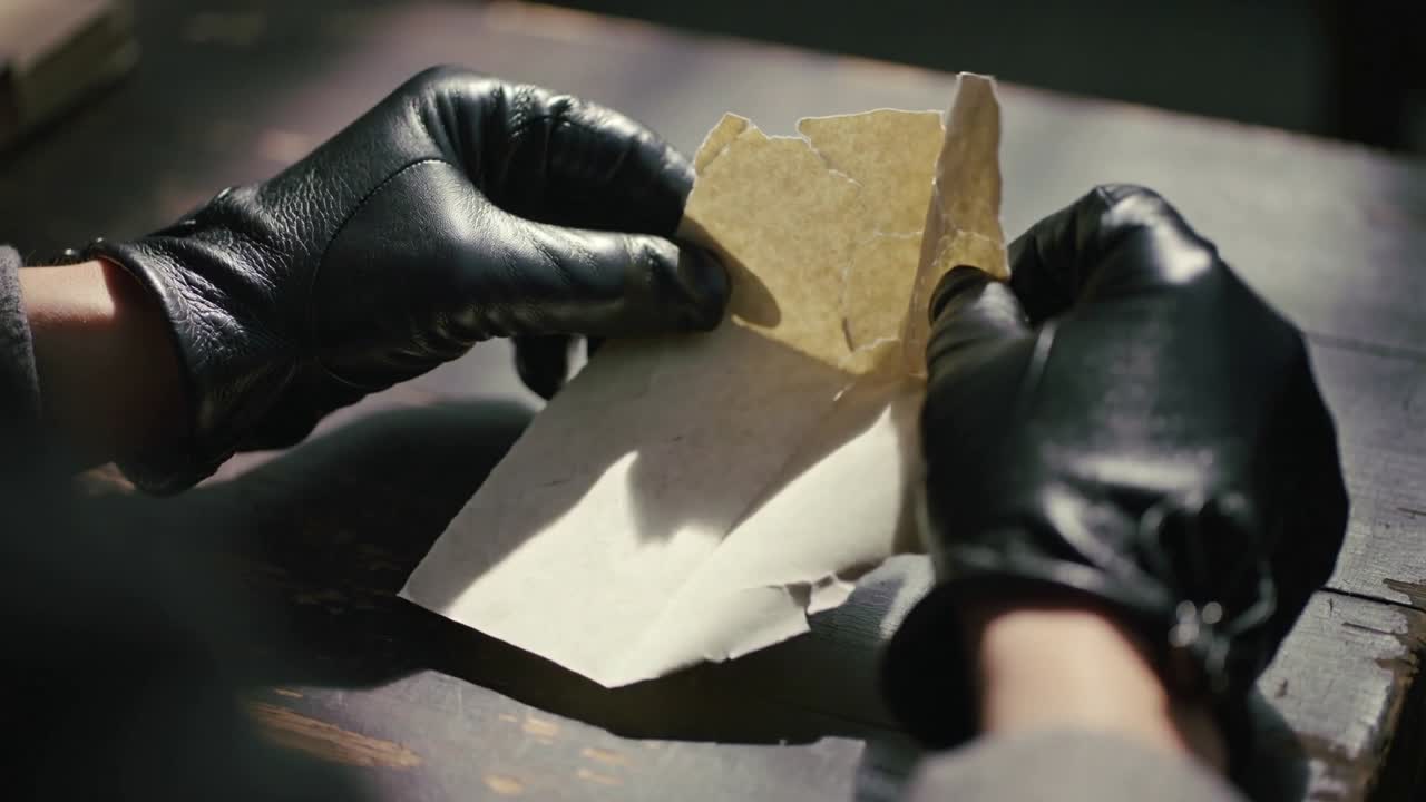 Right hand lifting brown paper, black leather gloves, gray cuff peeling wrap on table viewing sheet