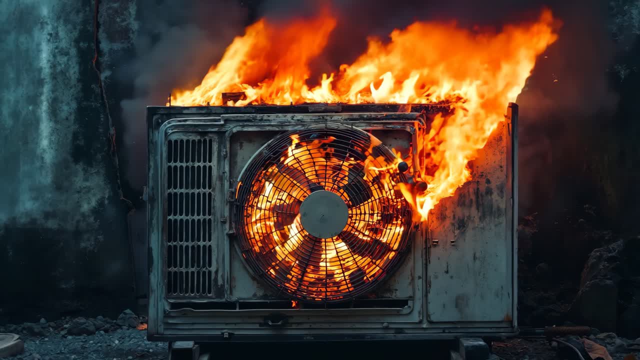 un aire acondicionado en llamas sentado encima de una pila de basura