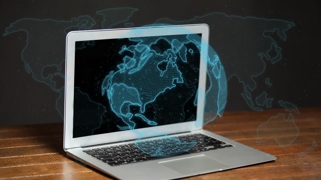 Upon laptop waking, cyan holographic globe rotating across screen, projecting global data for demo