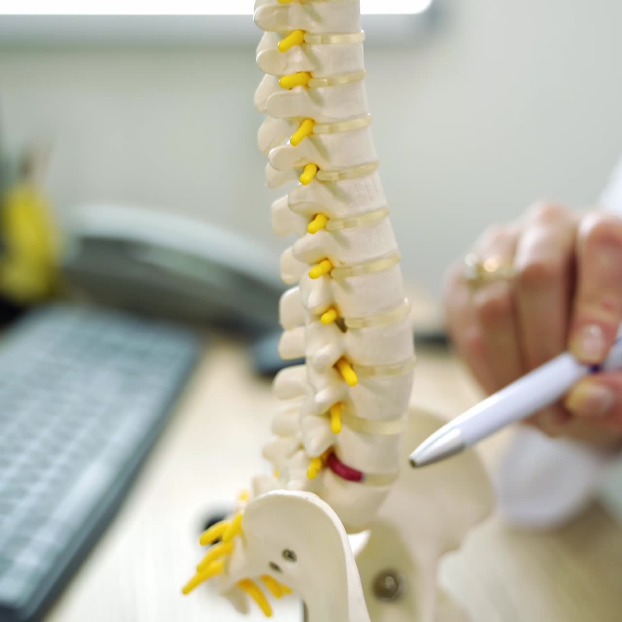Plastic model of spine in the neurologist's cabinet. Female hand of a doctor pointing with a pen at the parts of a skeleton. Close up