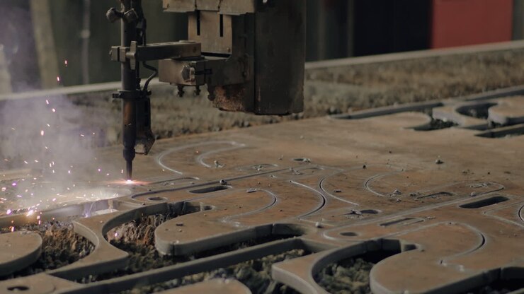 Close-Up Of Cutting A Thick Steel Structure Plasma Cutting In A Production Hall