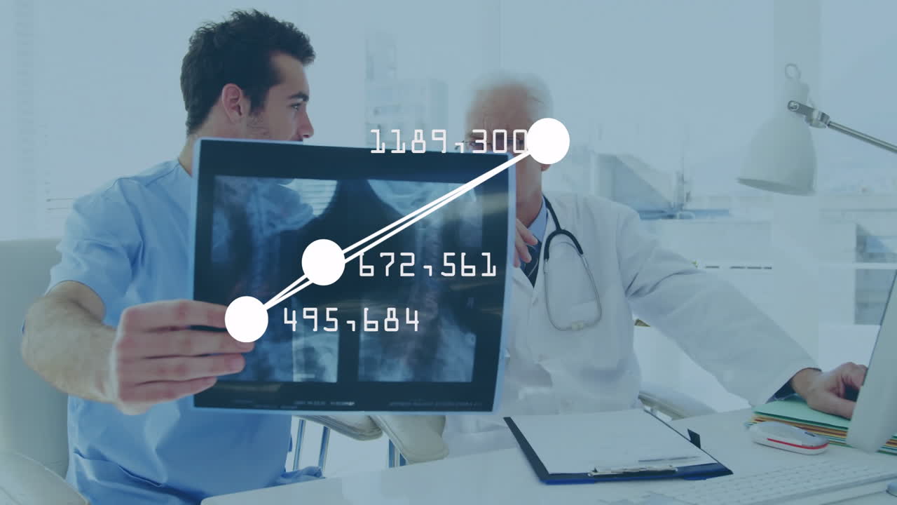 Medical data analysis animation over doctors examining X-ray in hospital