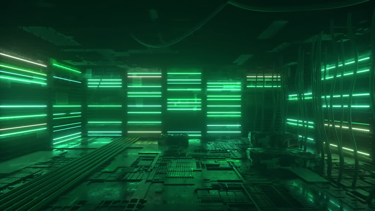 Neon background. Green and blue neon background appears and disappears. Bright vibrant neon background. Technological space. Room. 3d animation