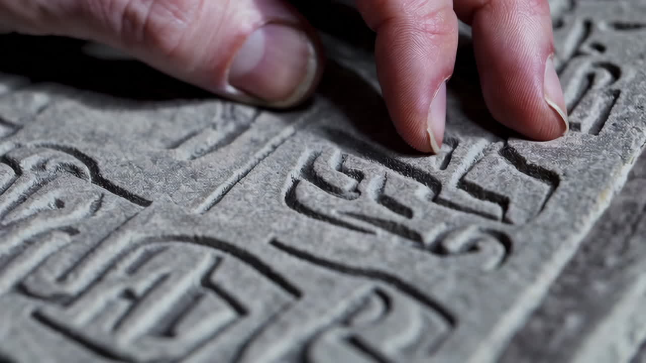 Hand Examining Ancient Stone Inscription