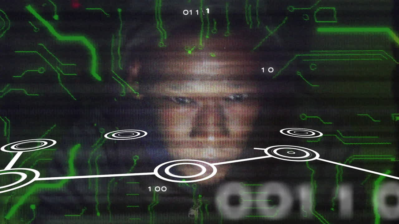 In school, animation overlaying binary code and target symbols on person's face