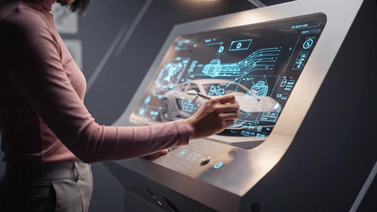 Un artista digital trabajando en un diseño de coche futurista utilizando una interfaz de pantalla táctil interactiva avanzada, rodeado de bocetos conceptuales y planos