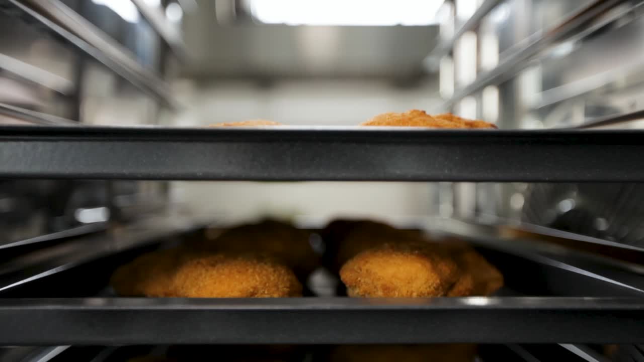 Close-up of breaded chicken cutlets on a conveyor in a food processing plant, elevator shot