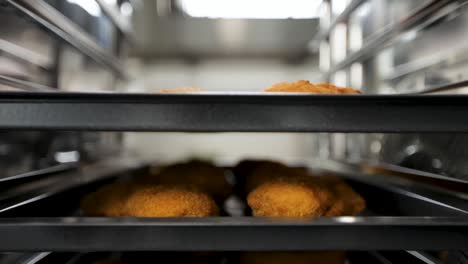 close-up of breaded chicken cutlets on a conveyor in a food processing plant, elevator shot