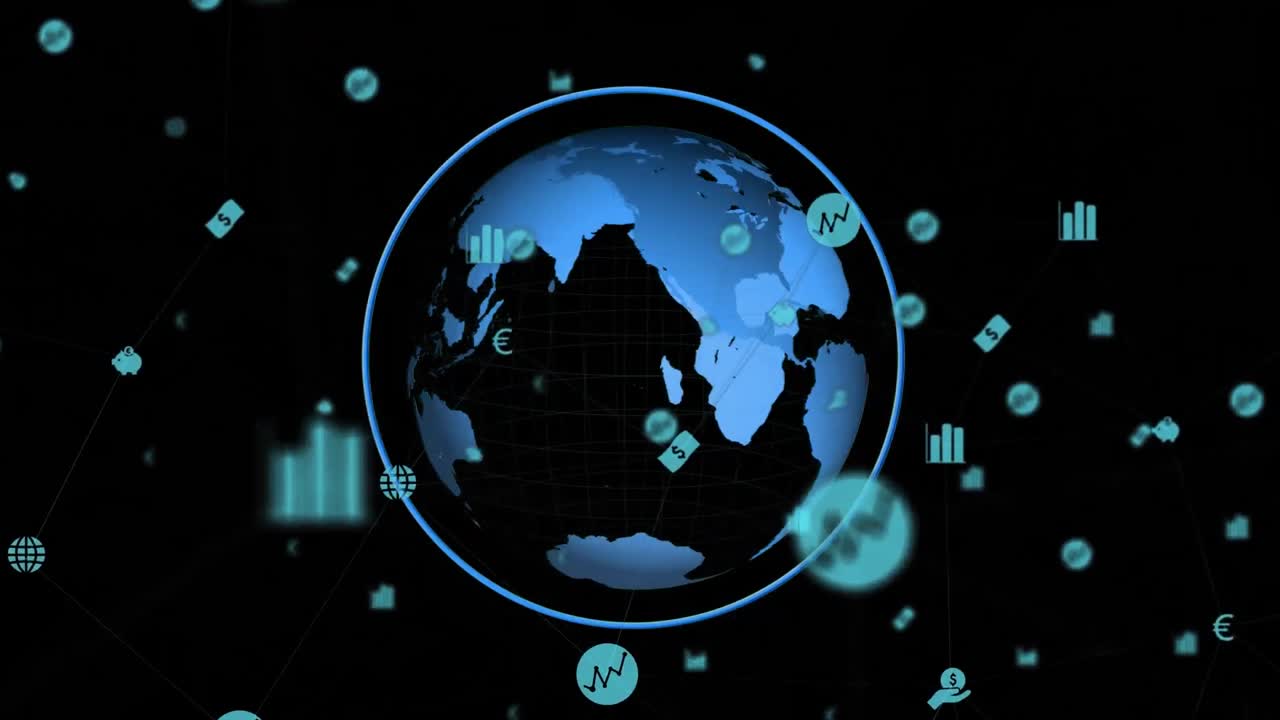 Digital composite video of web of connections with icons against globe spinning in background