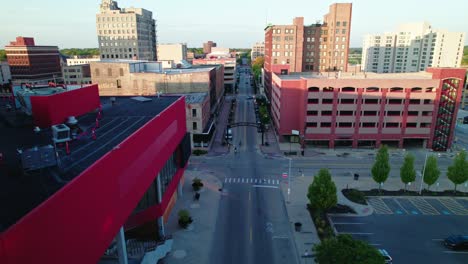 rising aerial at entrance of main street rockford illinois downtown in the summer