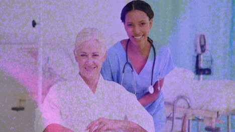 nurse placing stethoscope on patient inside hospital room, showing animated health icons floating
