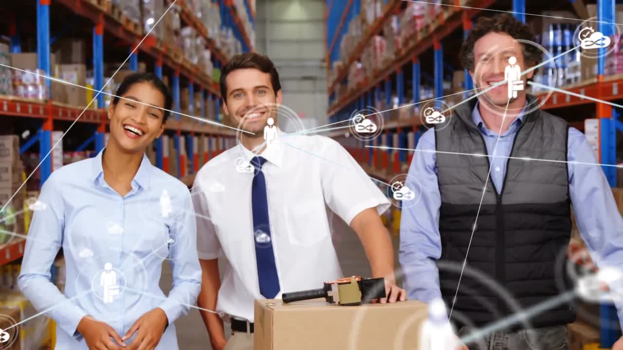 animación de redes de conexiones con iconos sobre personas que trabajan en el almacén