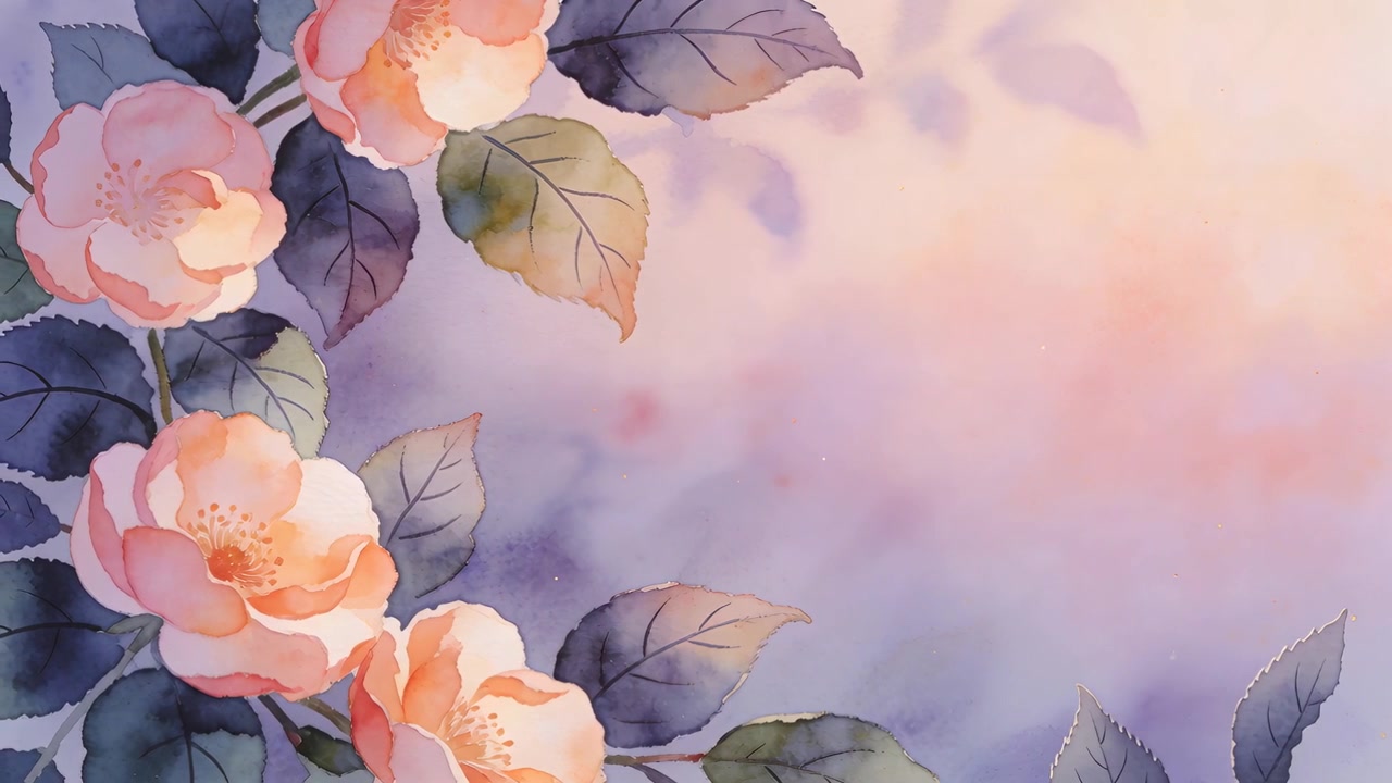 Quadros avançando, rosas pêssego se acomodando, revelando folhas verde-azuladas à esquerda em tom pastel para decoração calma.