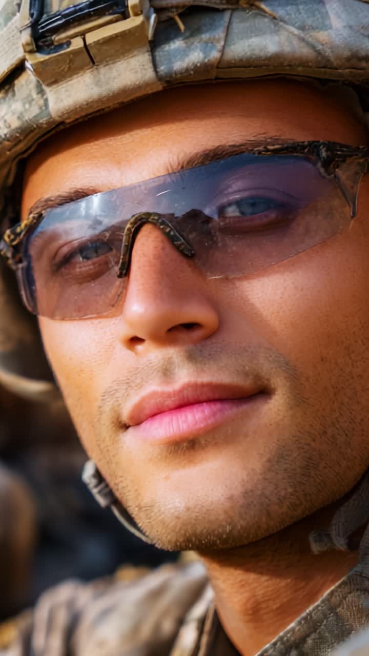 A confident soldier in tactical gear showcases determination and resilience with a focused gaze, embodying the spirit of courage and purpose in challenging environments