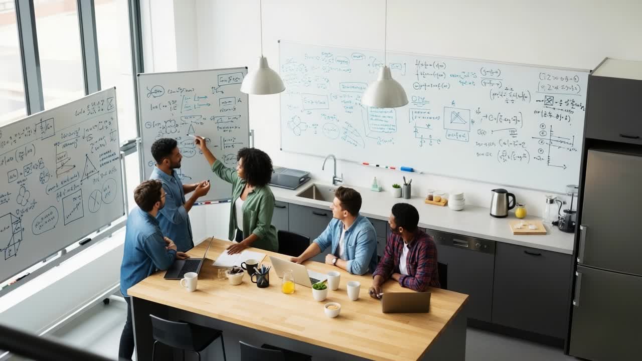 Collaboration in a Modern Workspace: A Group of Diverse Individuals Engaging Over Complex Problem-Solving with Whiteboards Filled with Mathematical Equations and Ideas in a Bright Office Environment
