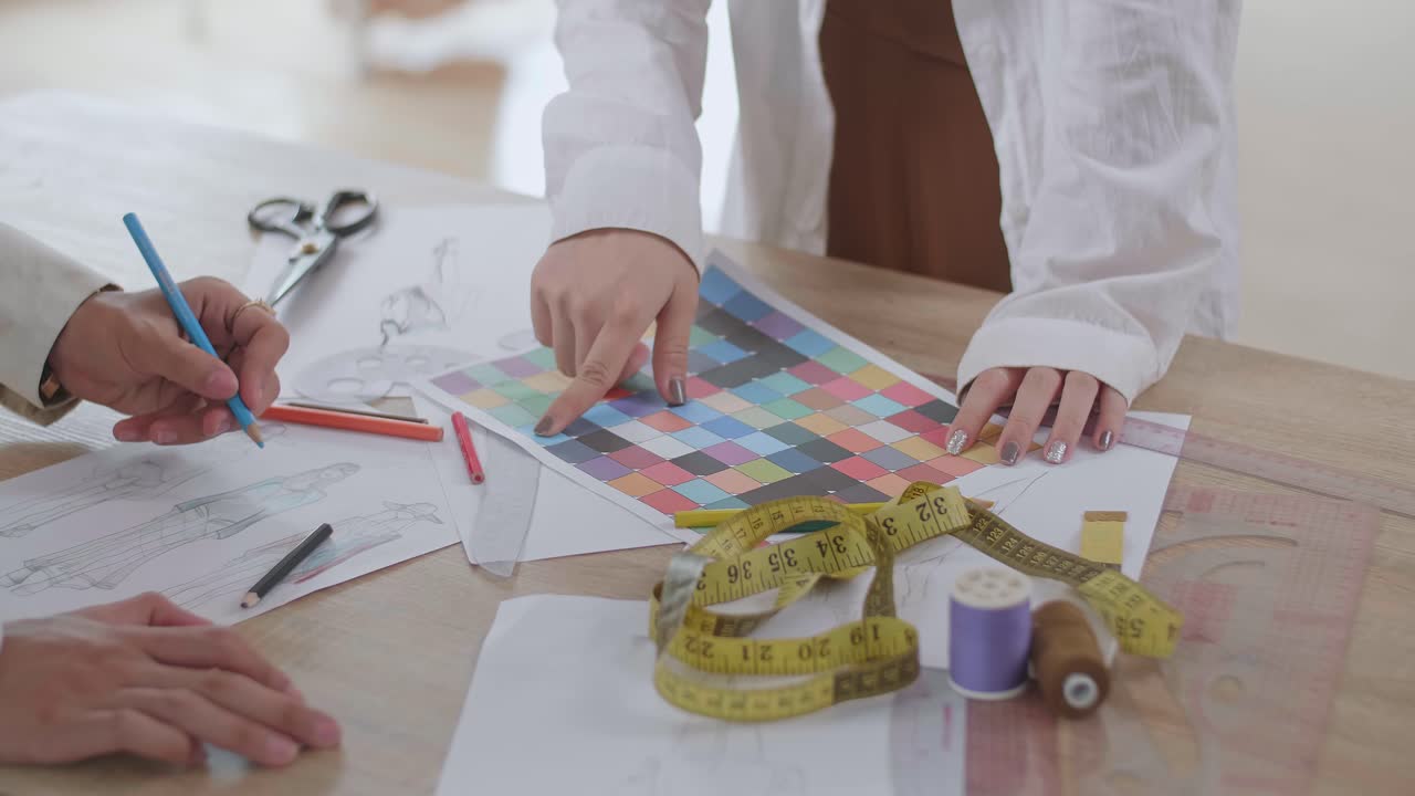 Close Up Two Fashion Designers Working At Fashion Design Studio