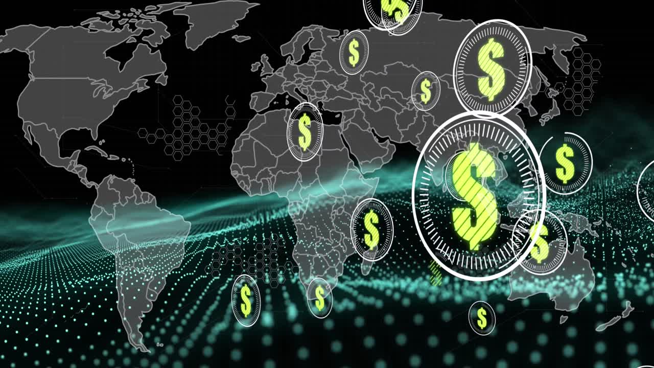 검은색 배경의 세계 지도 위에 있는 달러 기호의 애니메이션