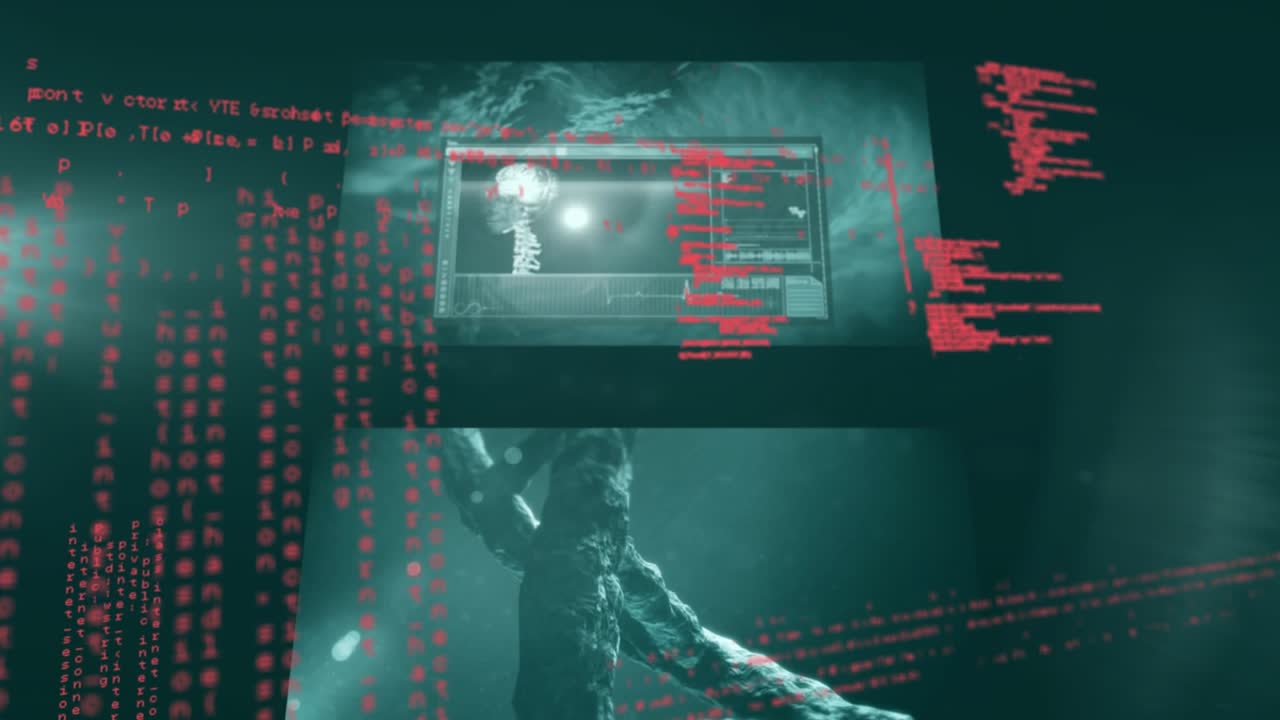 Animation of data processing over screen and 3d dna strand spinning