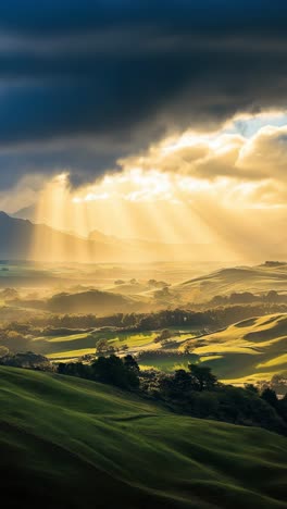 a breathtaking aerial video angle captures sunlit rolling hills under dramatic clouds