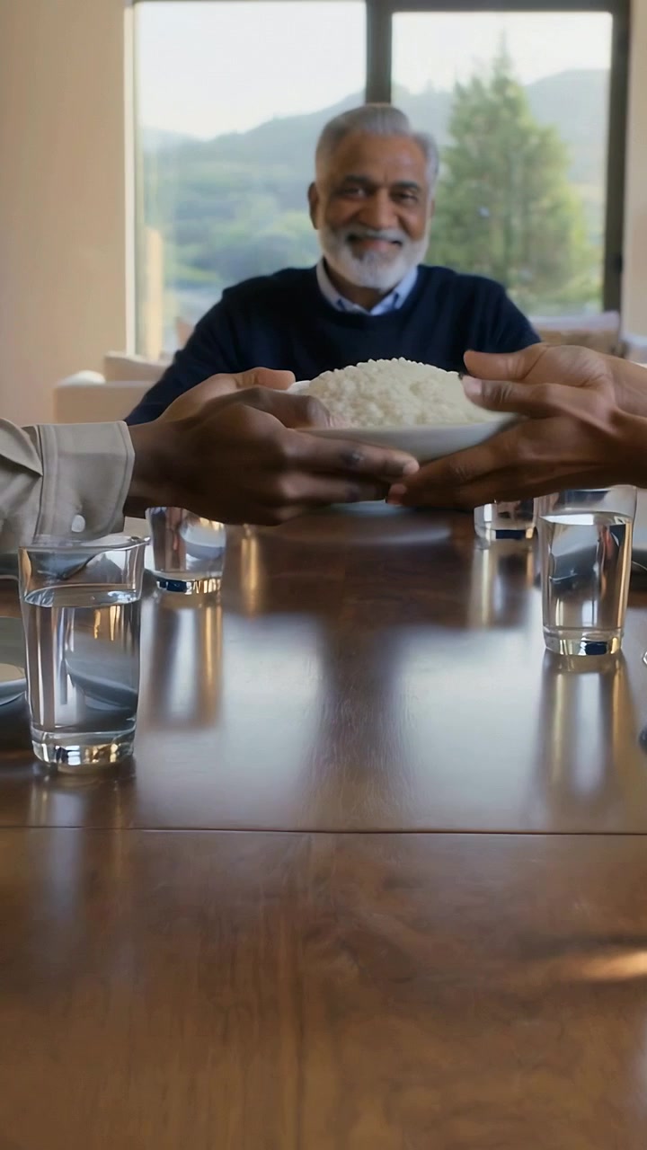 Vertical video: Bringing rice bowl from front, hands placing before senior in dark sweater for meal