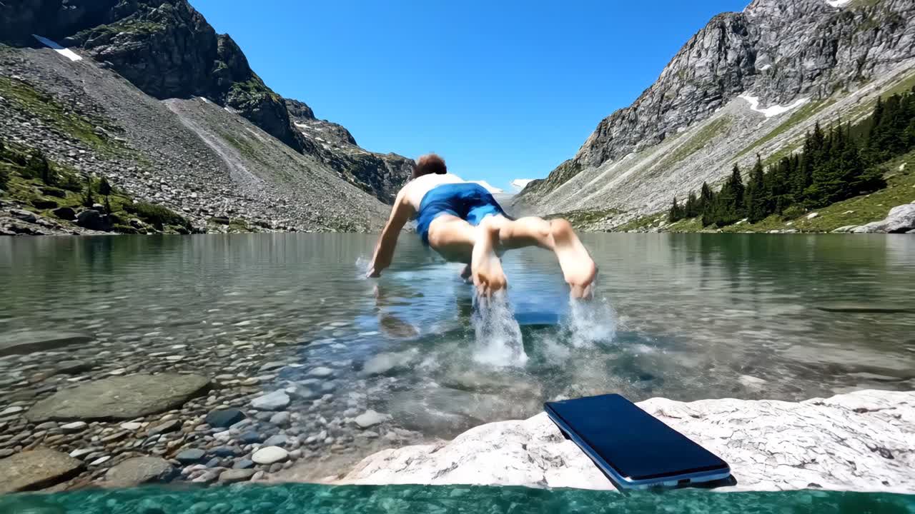 People swimming in a clear alpine lake