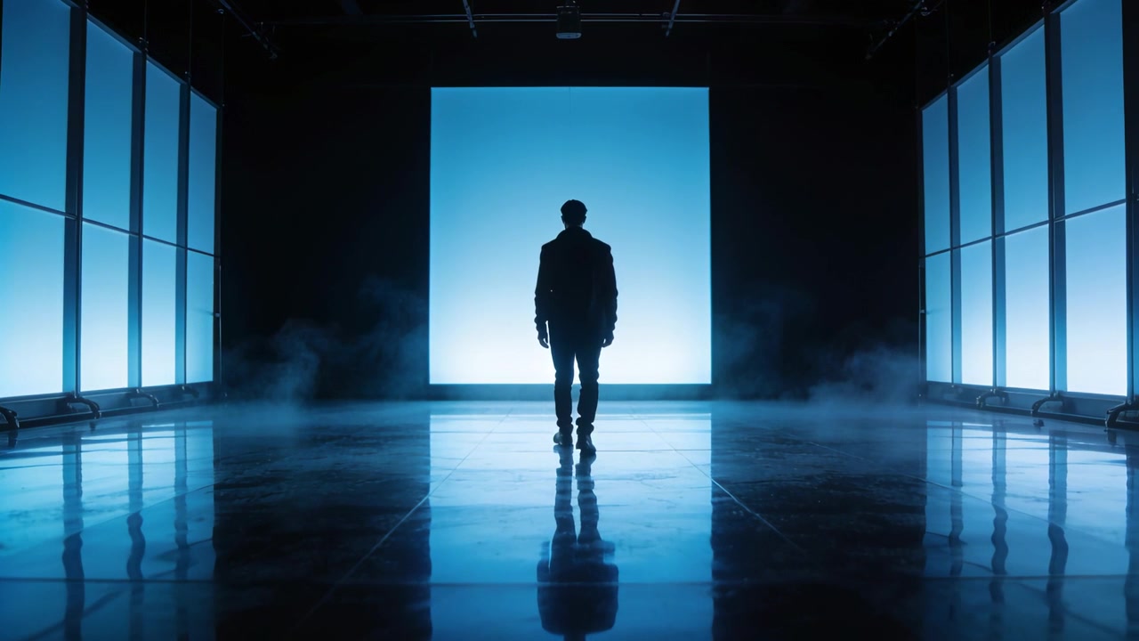 Uomo in giacca che cammina verso un quadrato luminoso che lo attira in uno studio buio, con riflesso di nebbia.