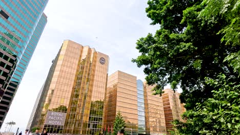 urban landscape with tall buildings and greenery