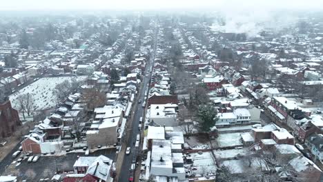 american town covered in winter snow