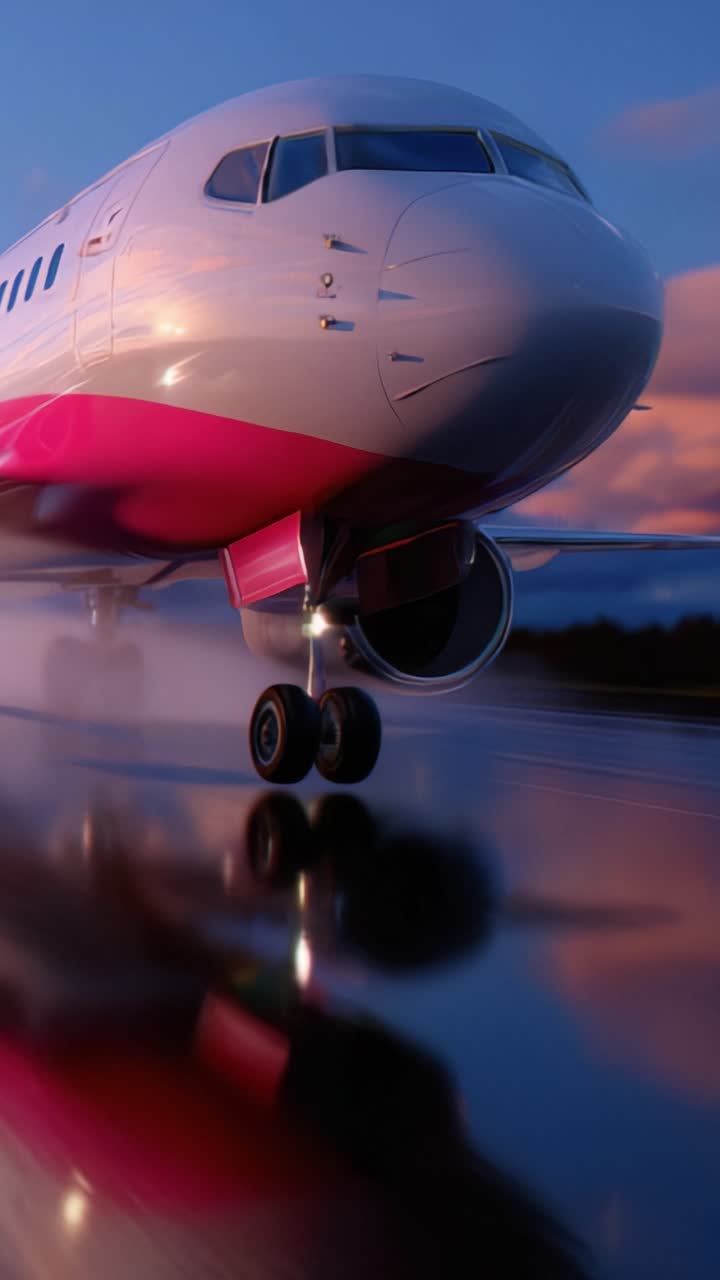 Un aereo moderno con un sorprendente design rosa si prepara al decollo, riflettendo il tramonto vibrante mentre mostra il suo potente carrello di atterraggio e la fusoliera elegante