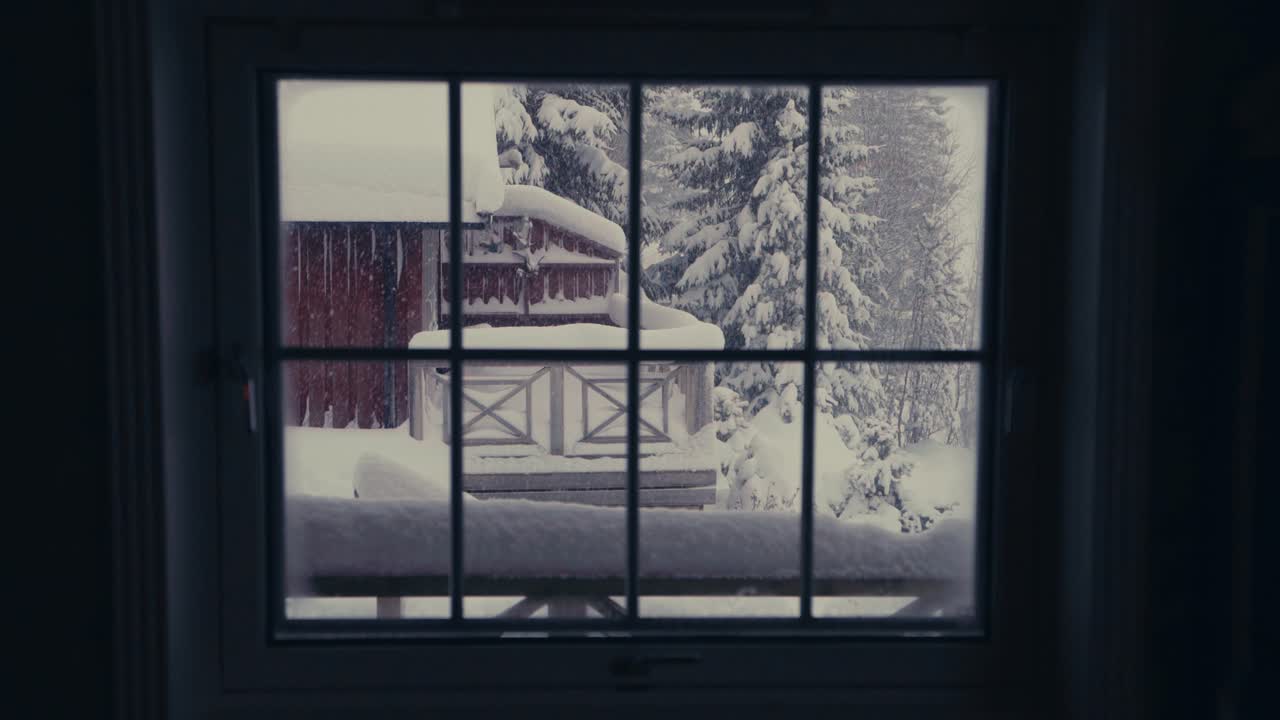 Window Overlooking Winter Forest And Cabin, Beautiful Winter Landscape With Falling Snow - static
