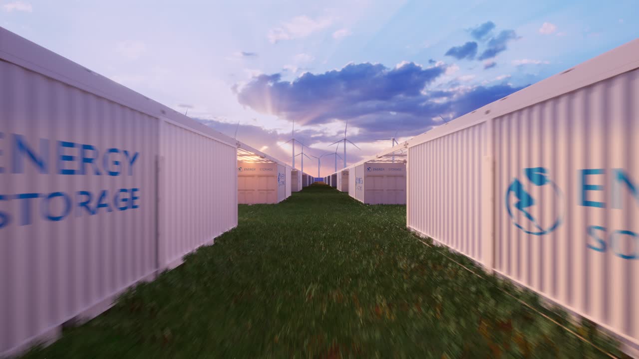 Battery Storage Power Station Accompanied By Solar And Wind Turbine Power Plants. New Energy Concept