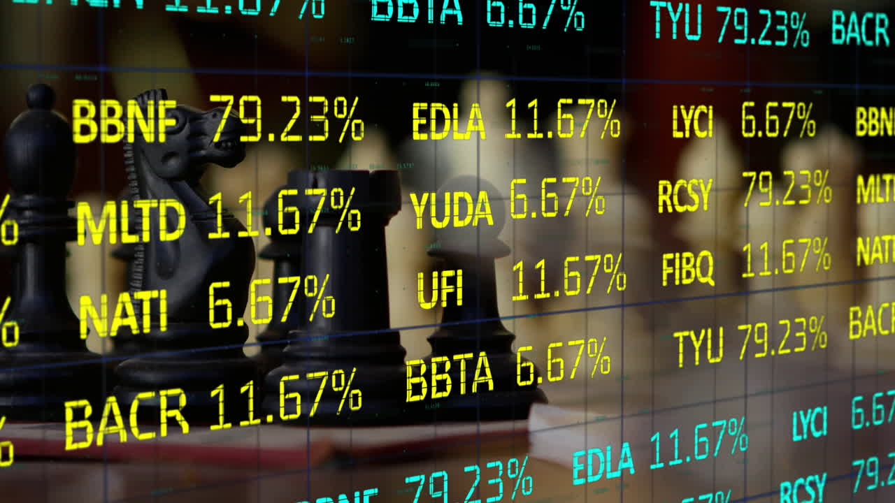 Animasjon av aksjemarkedsdata over sjakkbrikker på et brett.