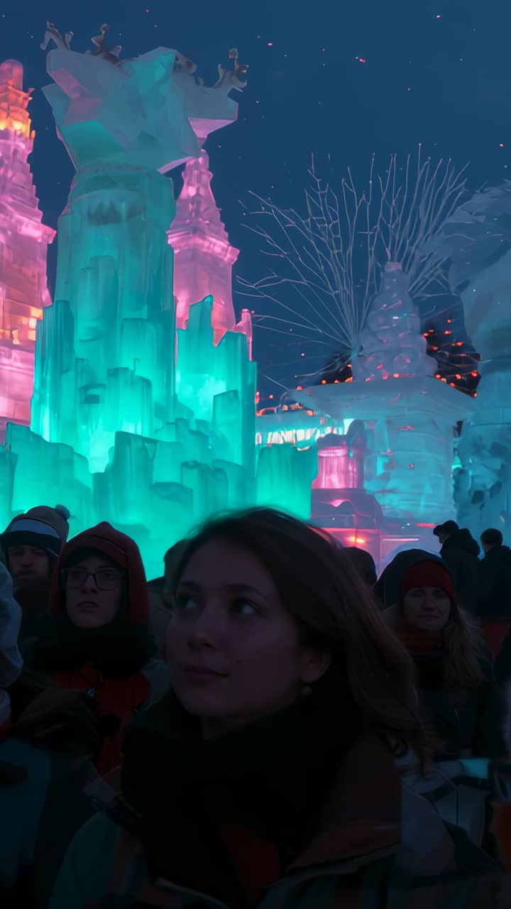 Video verticale: luci cangianti rivelano una donna con un cappotto invernale che ammira sculture di ghiaccio a un festival