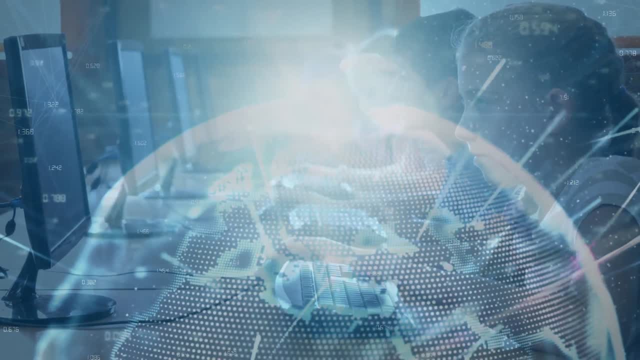 배경에 회전하는 점들로 만들어진 지구상에 있는 아이들의 애니메이션