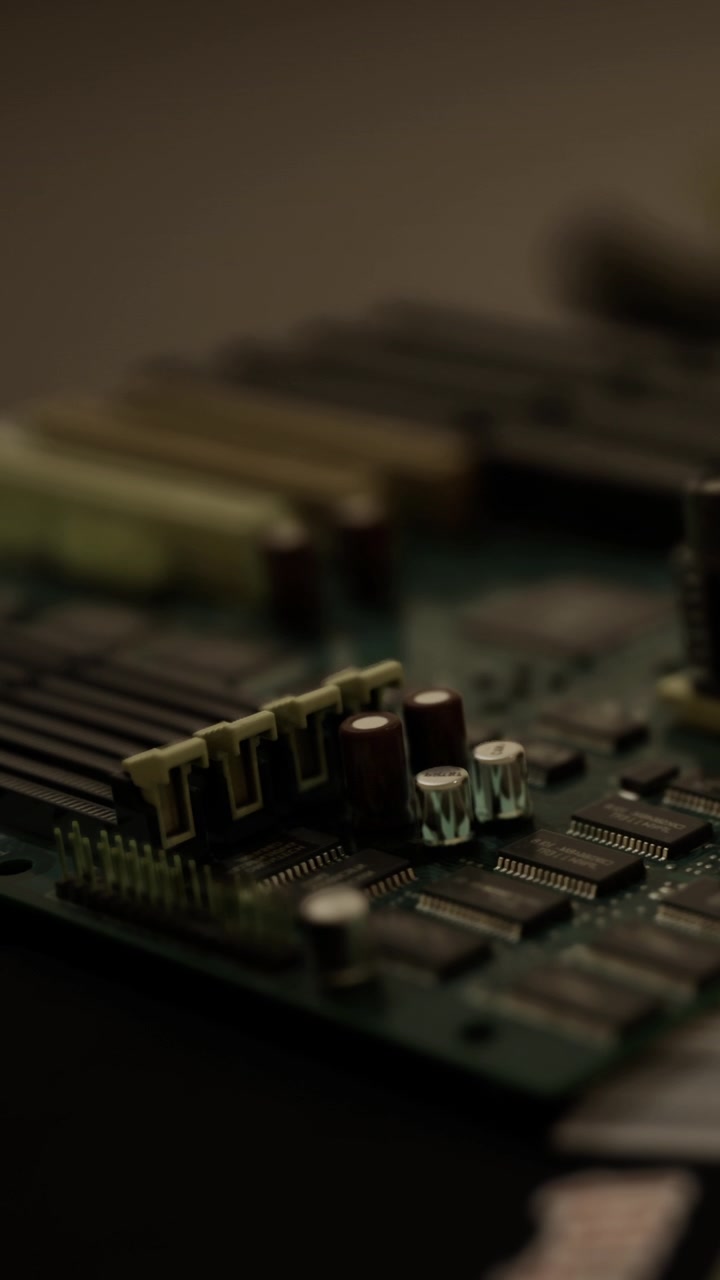 Close view of circuit board showing components in a dimly lit room