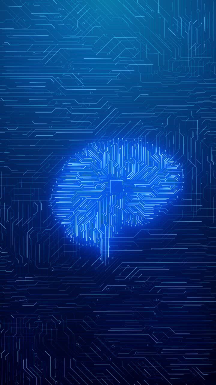 Human brain shaped circuit glowing neon blue artificial intelligence neural networks machine