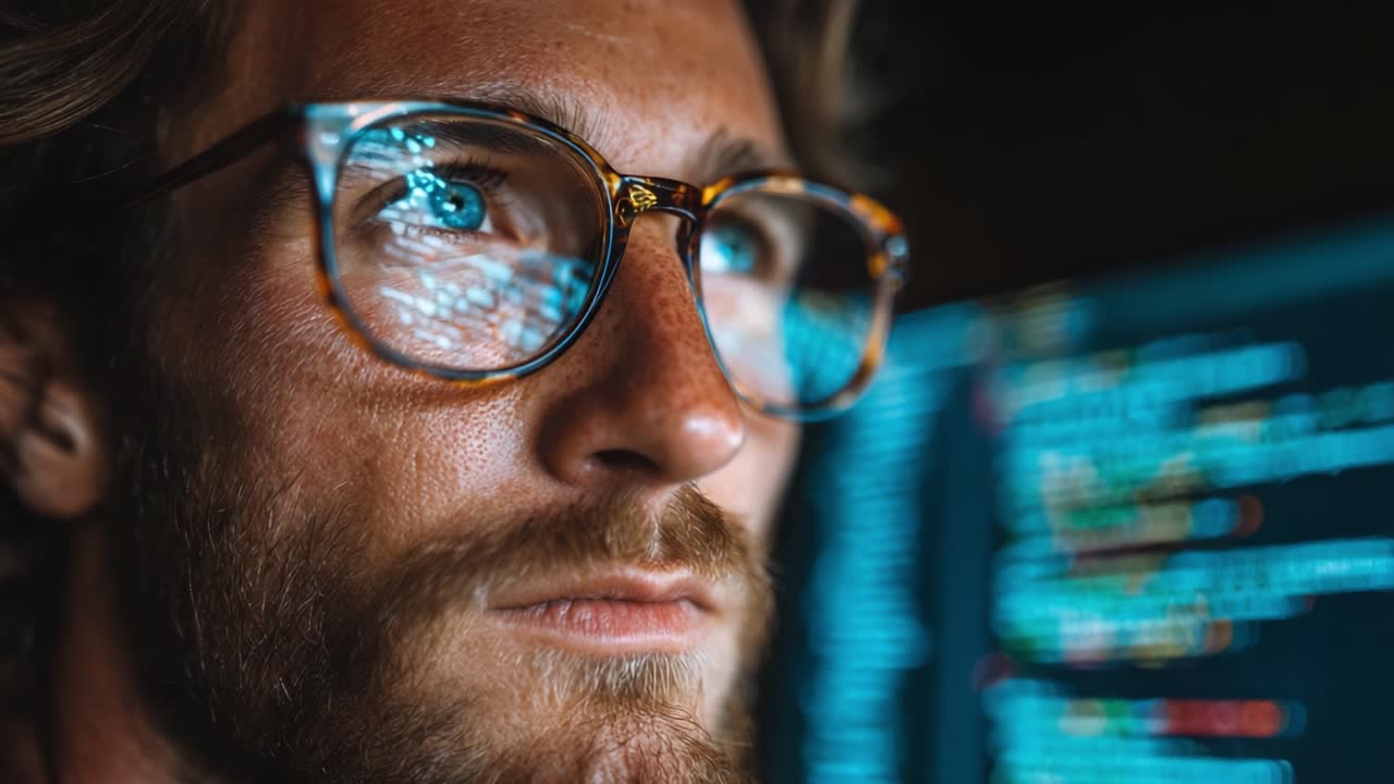 Focused Programmer Analyzing Code on Screen with Reflective Glasses in a Dimly Lit Room, Capturing a Moment of Intense Concentration and Digital Creativity