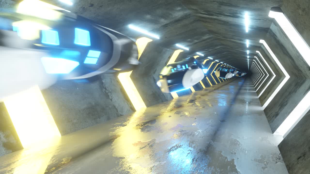 Futuristic long tunnel with flying cars. Robots in the driver's seat. Artificial intelligence and the concept of the future. Seamless loop 3d render.