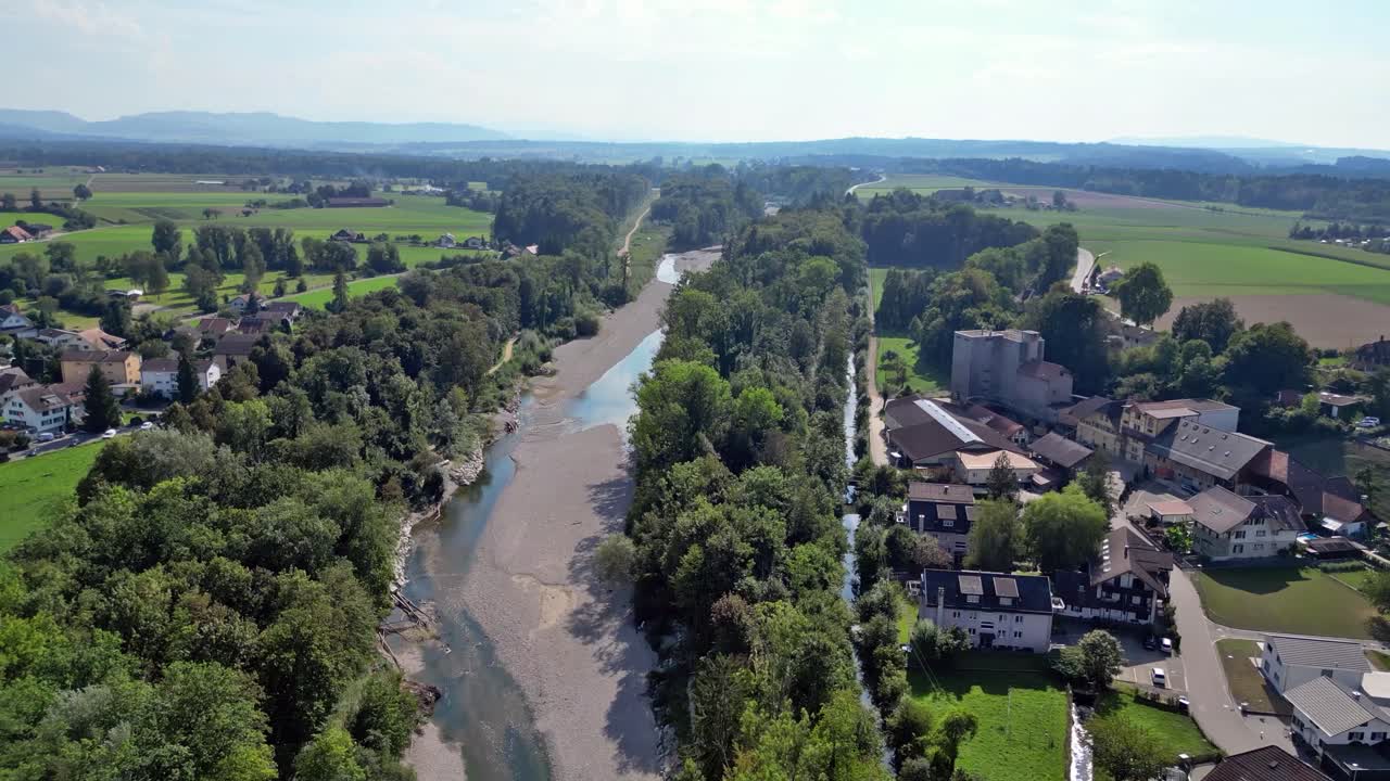 Drone Flight Over the Emme River Toward Emmental from B&auml;tterkinden Switzerland