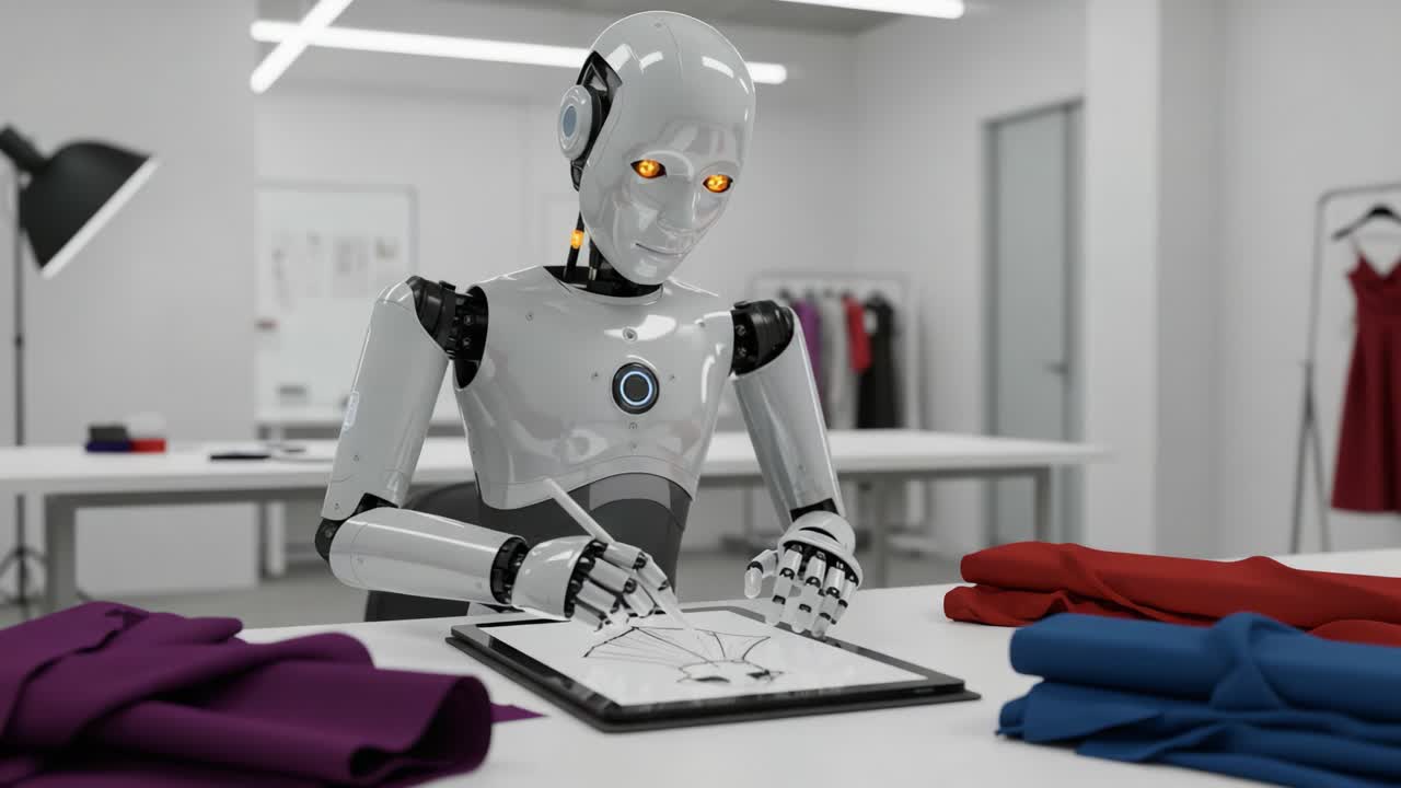 A futuristic robot innovatively sketching fashion designs in a modern studio, surrounded by vibrant fabric swatches and tailored garments, showcasing the intersection of technology and creativity