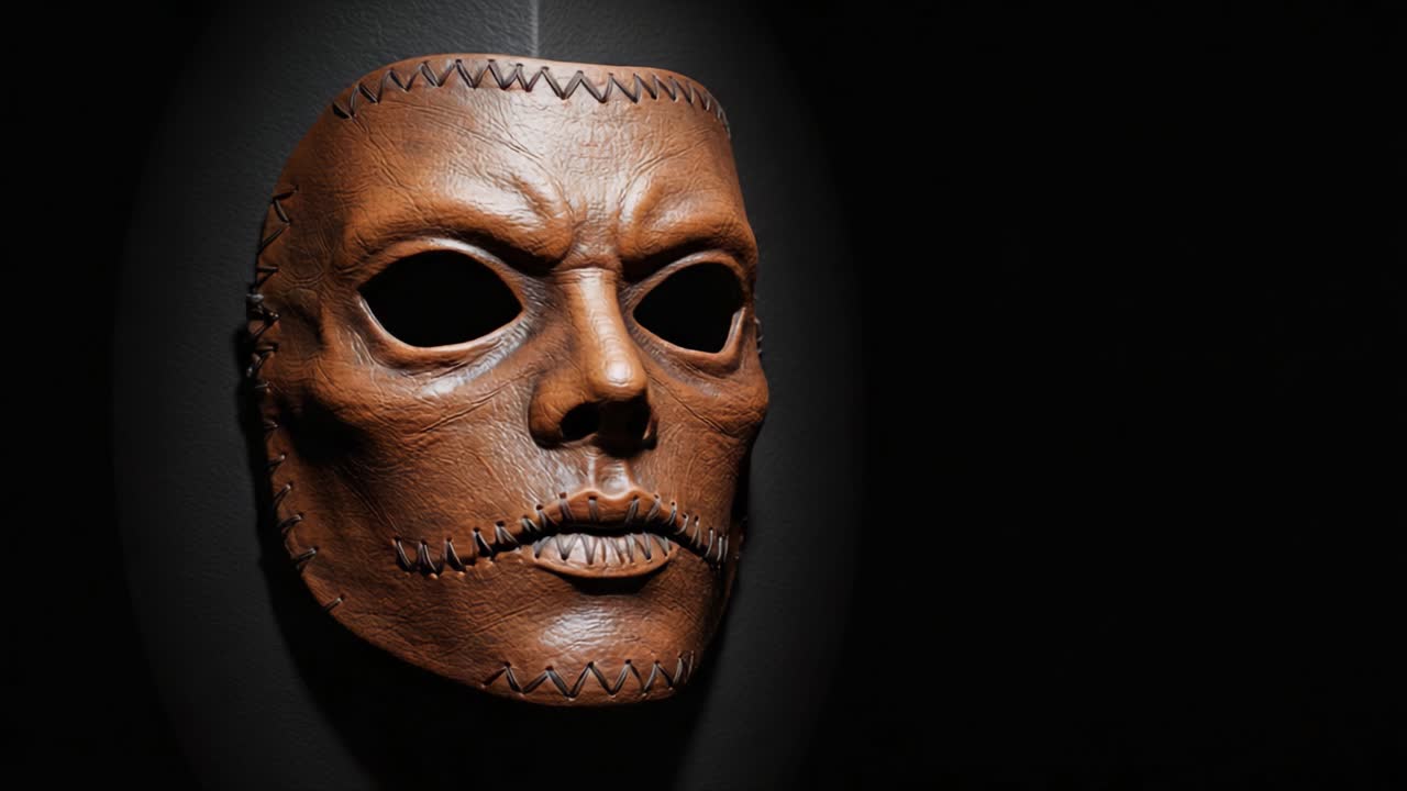 Diseño intrincado de una máscara de cuero artística capturado con iluminación dramática, mostrando texturas y detalles sobre un fondo oscuro.