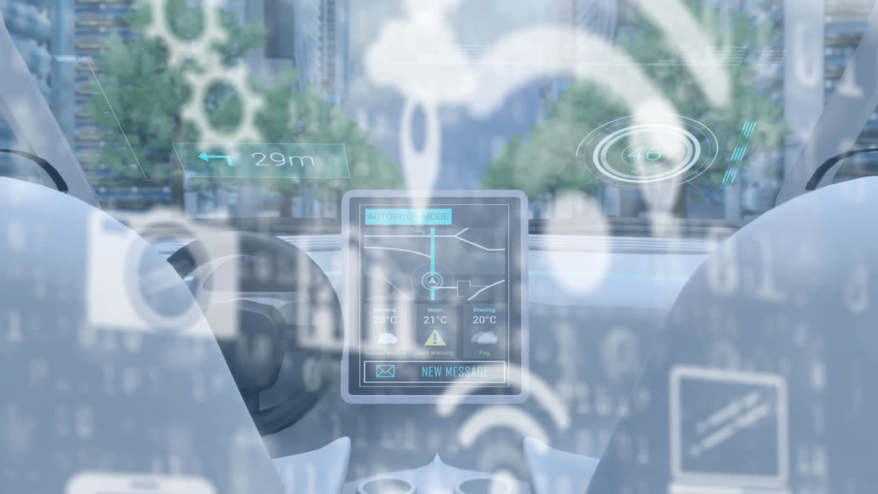 디지털 아이콘의 디지털 애니메이션과 미래의 자동차 자율주행이 도시를 가로지르고 있습니다.