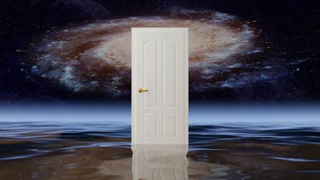 white door over an ocean with galaxy reflecting in the water is opening and reveals a green screen.