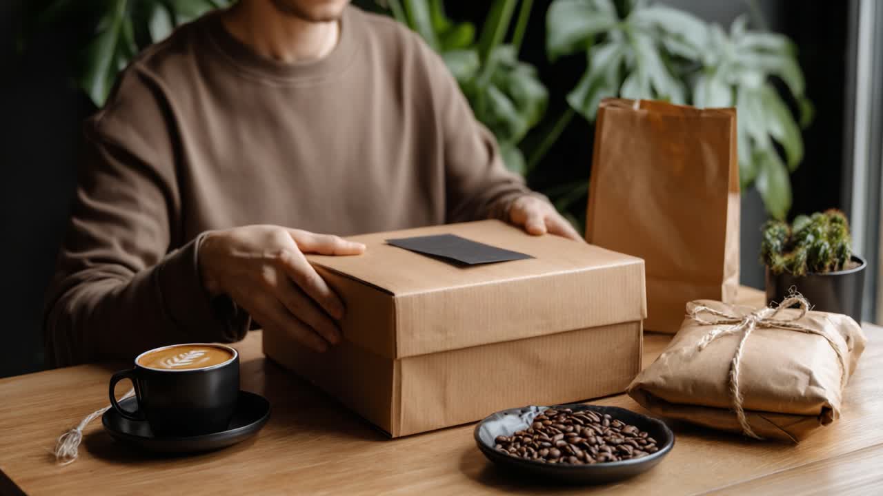 A person unboxing a beautifully wrapped package while enjoying a cup of coffee, surrounded by fresh coffee beans and plants in a cozy setting, capturing the essence of anticipation and relaxation