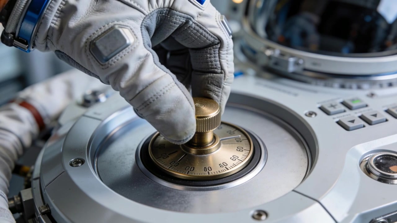 Mão esquerda enluvada de astronauta entrando, com anel azul girando um mostrador de latão em uma nave espacial calibrando.
