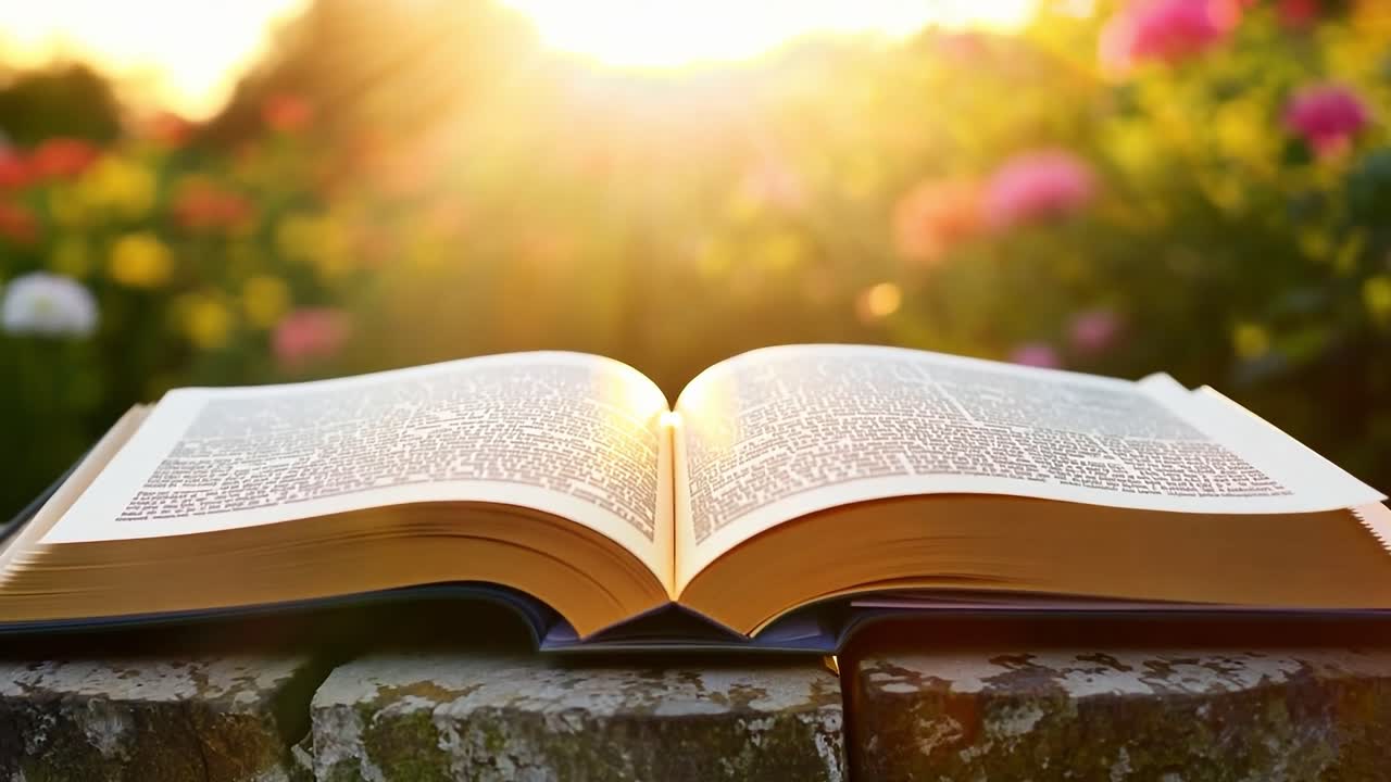 libros abiertos en la cálida luz del sol en medio de un jardín vibrante lleno de flores de colores, evocando inspiración y tranquilidad