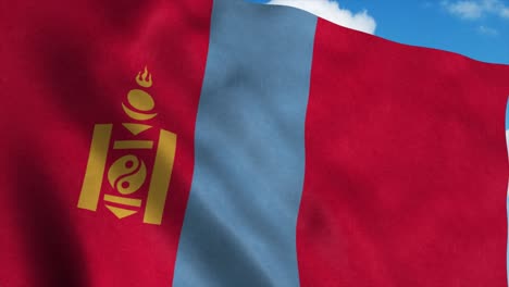 mongolia flag on a flagpole waving in the wind, blue sky background. 4k