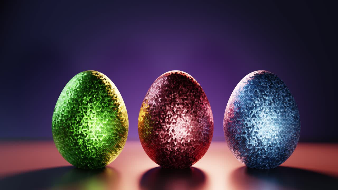 Three Colorful Sparkling Decorative Eggs on Dark Background
